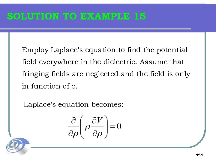 SOLUTION TO EXAMPLE 15 Employ Laplace’s equation to find the potential field everywhere in