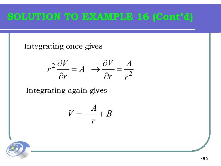 SOLUTION TO EXAMPLE 16 (Cont’d) Integrating once gives Integrating again gives 159 