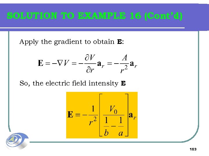 SOLUTION TO EXAMPLE 16 (Cont’d) Apply the gradient to obtain E: So, the electric