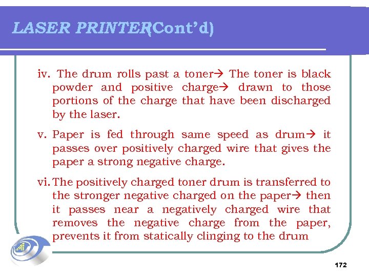 LASER PRINTER (Cont’d) iv. The drum rolls past a toner The toner is black