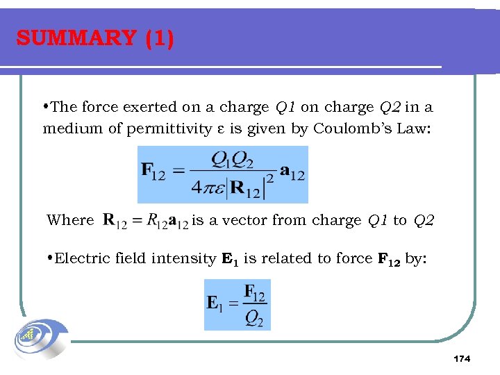 SUMMARY (1) • The force exerted on a charge Q 1 on charge Q