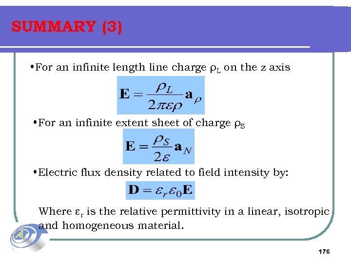 SUMMARY (3) • For an infinite length line charge ρL on the z axis