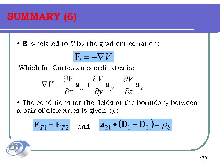 SUMMARY (6) • E is related to V by the gradient equation: Which for