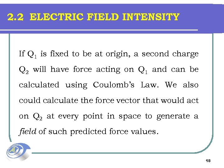 2. 2 ELECTRIC FIELD INTENSITY If Q 1 is fixed to be at origin,