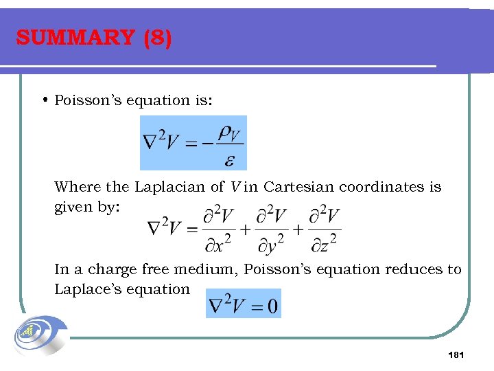 SUMMARY (8) • Poisson’s equation is: Where the Laplacian of V in Cartesian coordinates