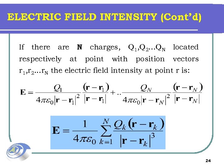 ELECTRIC FIELD INTENSITY (Cont’d) If there N are respectively at charges, point with Q