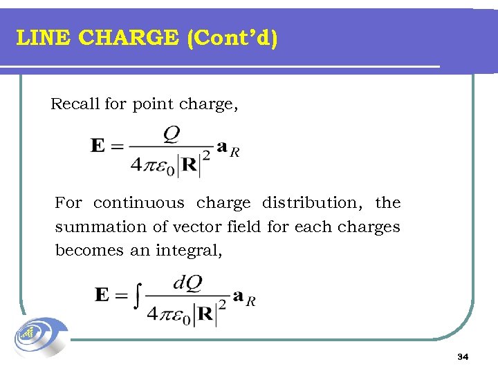 LINE CHARGE (Cont’d) Recall for point charge, For continuous charge distribution, the summation of