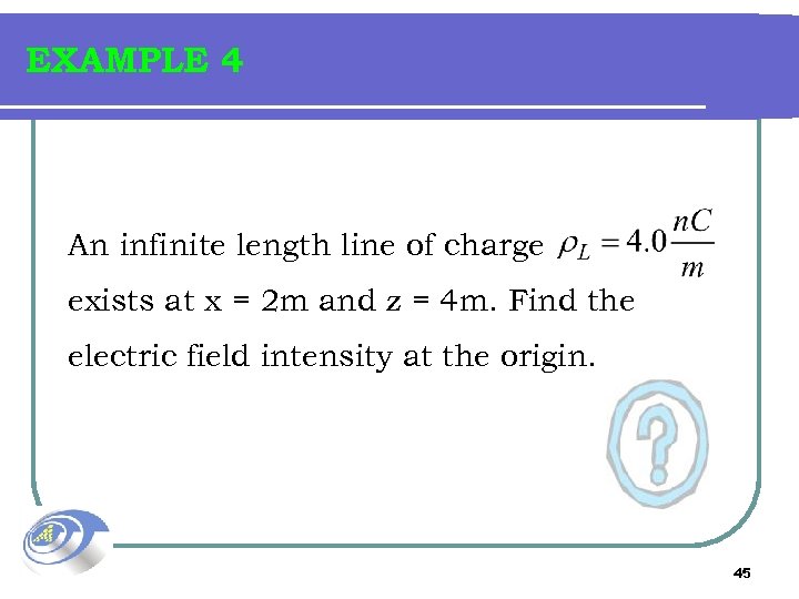 EXAMPLE 4 An infinite length line of charge exists at x = 2 m