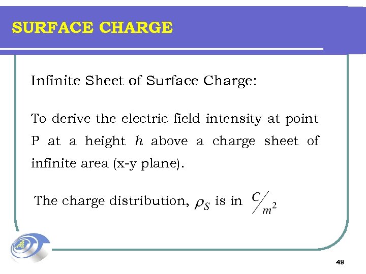 SURFACE CHARGE Infinite Sheet of Surface Charge: To derive the electric field intensity at