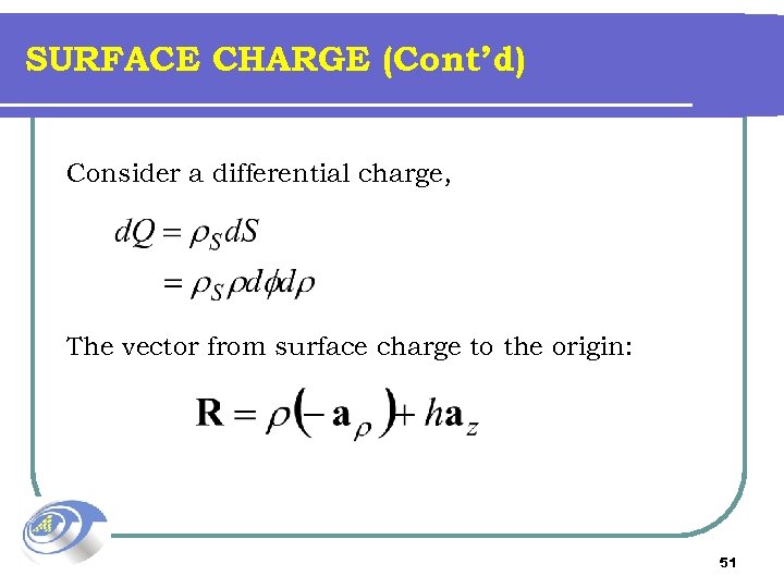 SURFACE CHARGE (Cont’d) Consider a differential charge, The vector from surface charge to the