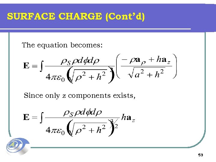 SURFACE CHARGE (Cont’d) The equation becomes: Since only z components exists, 53 