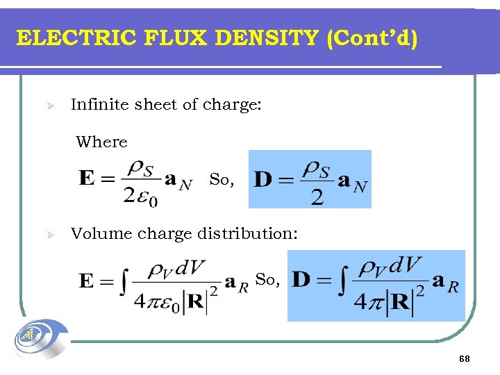 ELECTRIC FLUX DENSITY (Cont’d) Ø Infinite sheet of charge: Where So, Ø Volume charge