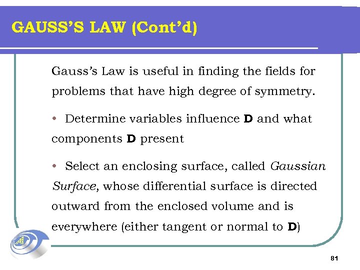 GAUSS’S LAW (Cont’d) Gauss’s Law is useful in finding the fields for problems that