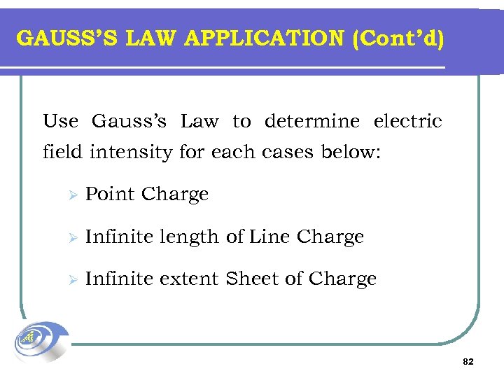 GAUSS’S LAW APPLICATION (Cont’d) Use Gauss’s Law to determine electric field intensity for each