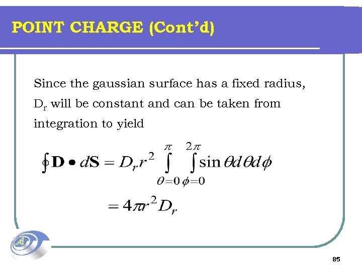 POINT CHARGE (Cont’d) Since the gaussian surface has a fixed radius, Dr will be