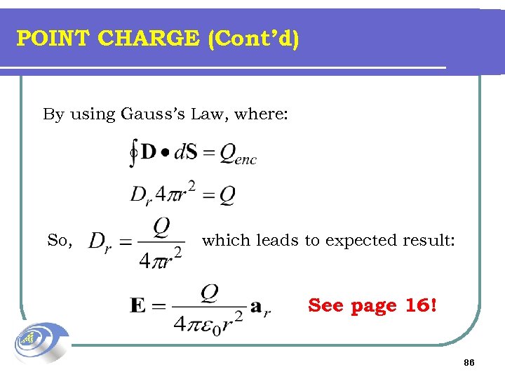 POINT CHARGE (Cont’d) By using Gauss’s Law, where: So, which leads to expected result: