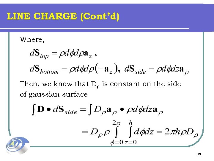 LINE CHARGE (Cont’d) Where, Then, we know that Dρ is constant on the side