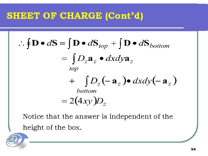 SHEET OF CHARGE (Cont’d) Notice that the answer is independent of the height of