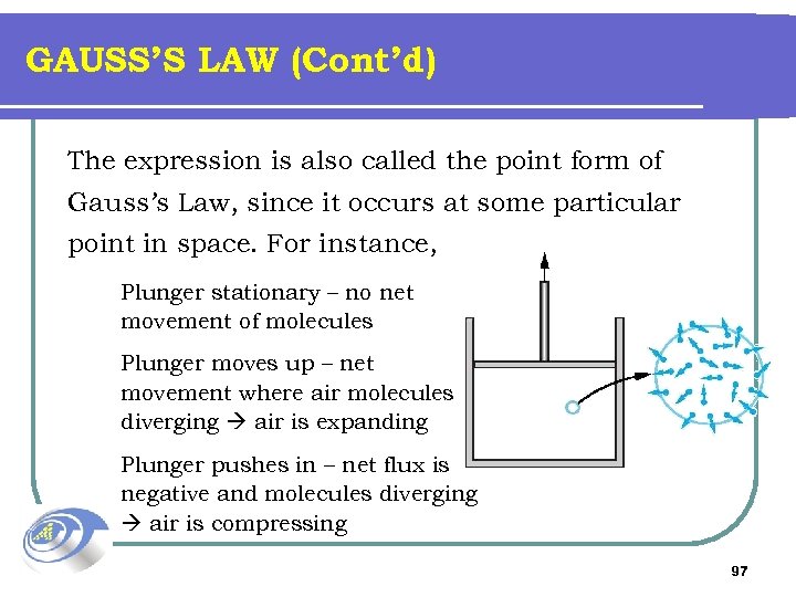 GAUSS’S LAW (Cont’d) The expression is also called the point form of Gauss’s Law,