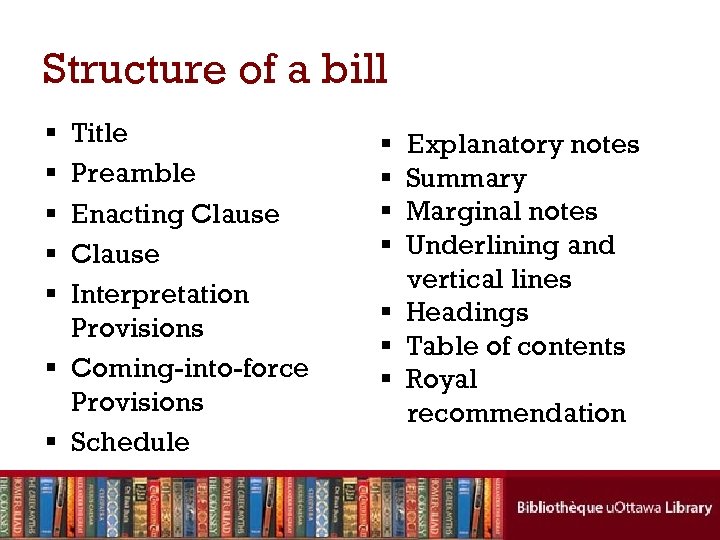 Structure of a bill Title Preamble Enacting Clause Interpretation Provisions § Coming-into-force Provisions §