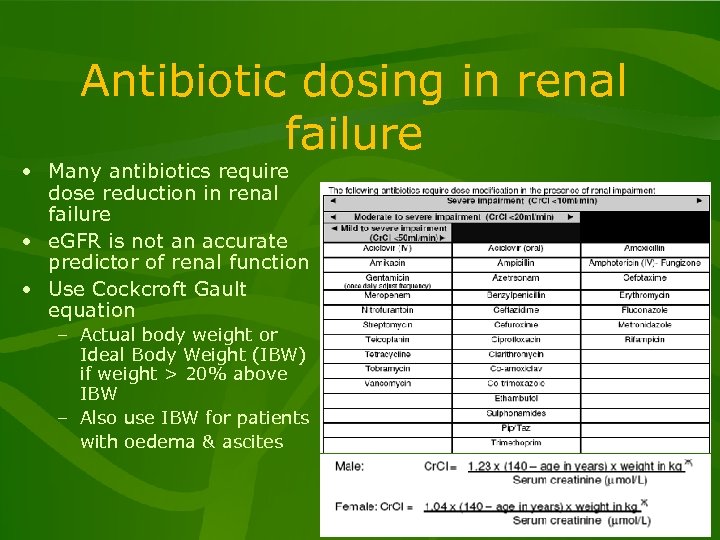 Antibiotic dosing in renal failure • Many antibiotics require dose reduction in renal failure