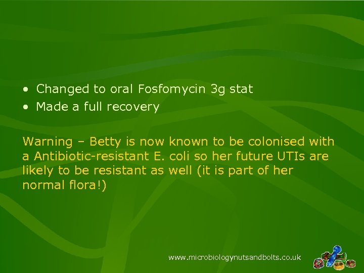  • Changed to oral Fosfomycin 3 g stat • Made a full recovery