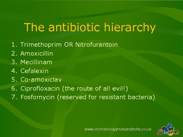 The antibiotic hierarchy 1. 2. 3. 4. 5. 6. 7. Trimethoprim OR Nitrofurantoin Amoxicillin