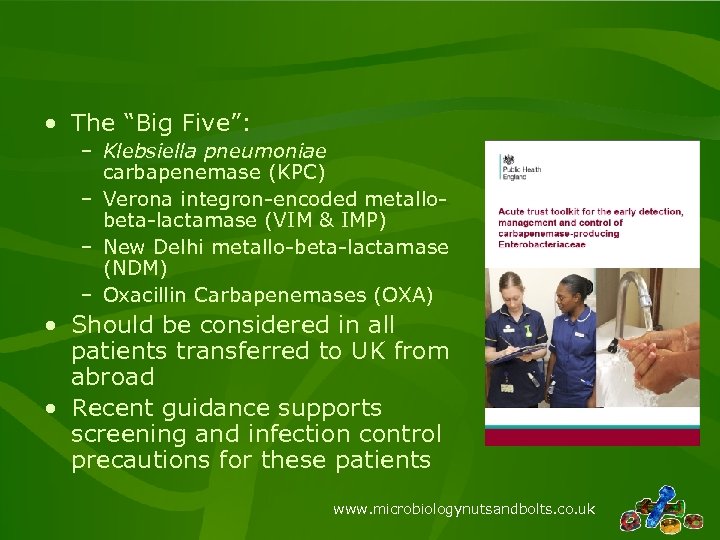  • The “Big Five”: – Klebsiella pneumoniae carbapenemase (KPC) – Verona integron-encoded metallobeta-lactamase