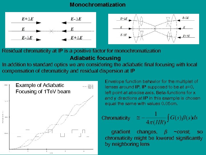 Monochromatization Residual chromaticity at IP is a positive factor for monochromatization Adiabatic focusing In