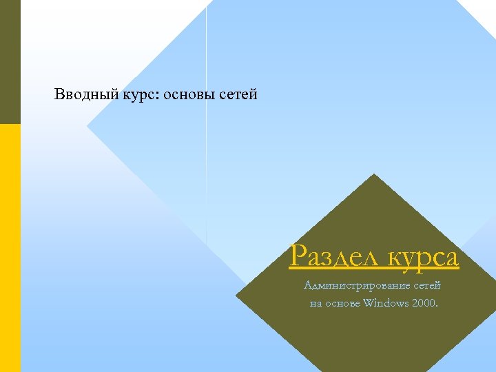 Вводный курс: основы сетей Раздел курса Администрирование сетей на основе Windows 2000. 