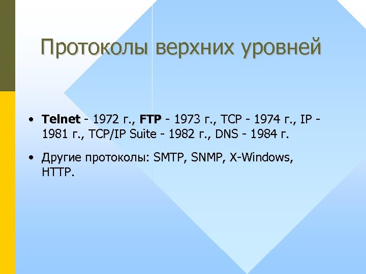 Протоколы верхних уровней • Telnet - 1972 г. , FTP - 1973 г. ,