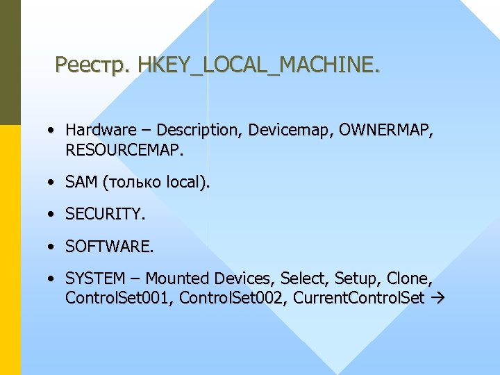 Реестр. HKEY_LOCAL_MACHINE. • Hardware – Description, Devicemap, OWNERMAP, RESOURCEMAP. • SAM (только local). •