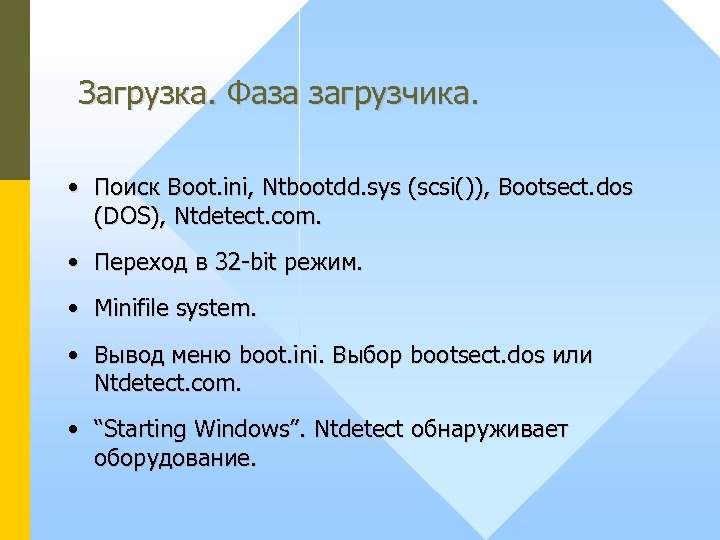 Загрузка. Фаза загрузчика. • Поиск Boot. ini, Ntbootdd. sys (scsi()), Bootsect. dos (DOS), Ntdetect.