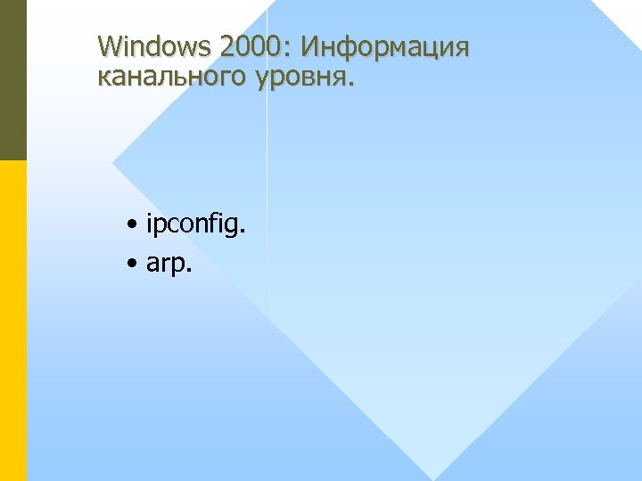 Windows 2000: Информация канального уровня. • ipconfig. • arp. 