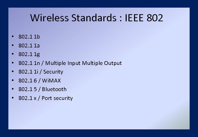 Wireless Standards : IEEE 802 • • 802. 1 1 b 802. 1 1