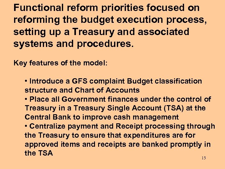 Functional reform priorities focused on reforming the budget execution process, setting up a Treasury