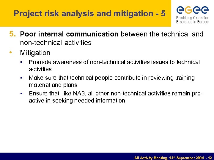 Project risk analysis and mitigation - 5 5. Poor internal communication between the technical