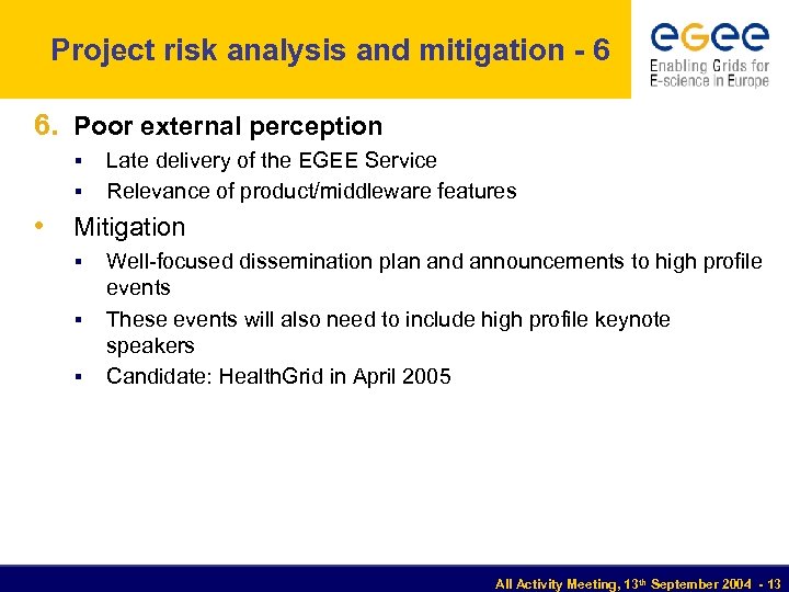 Project risk analysis and mitigation - 6 6. Poor external perception § § Late