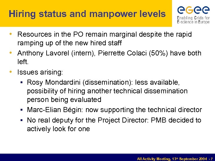 Hiring status and manpower levels • Resources in the PO remain marginal despite the