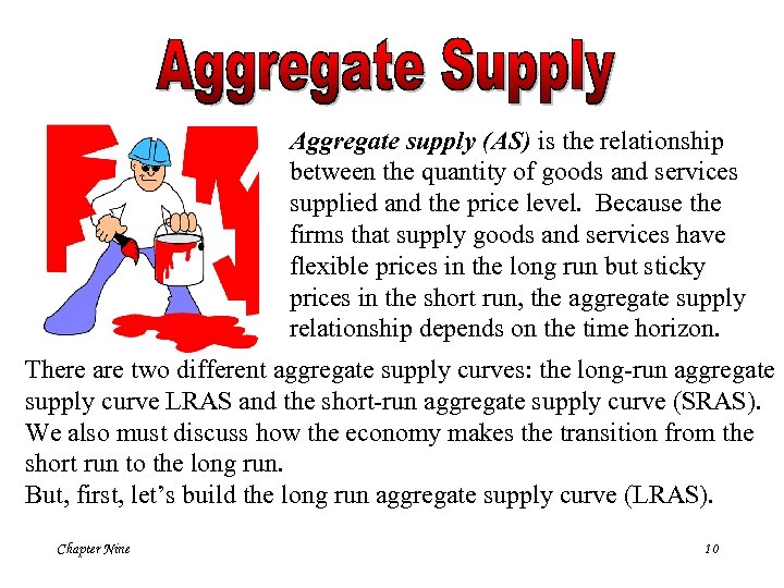 Aggregate supply (AS) is the relationship between the quantity of goods and services supplied