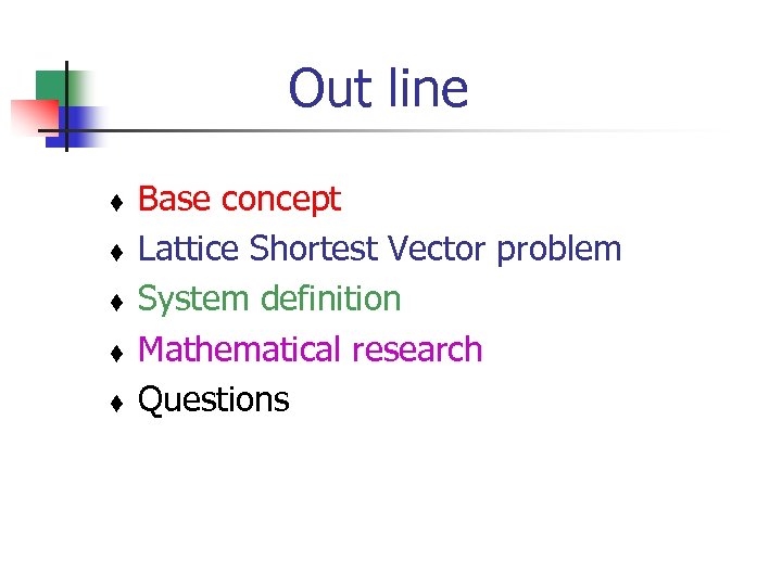 Out line t t t Base concept Lattice Shortest Vector problem System definition Mathematical