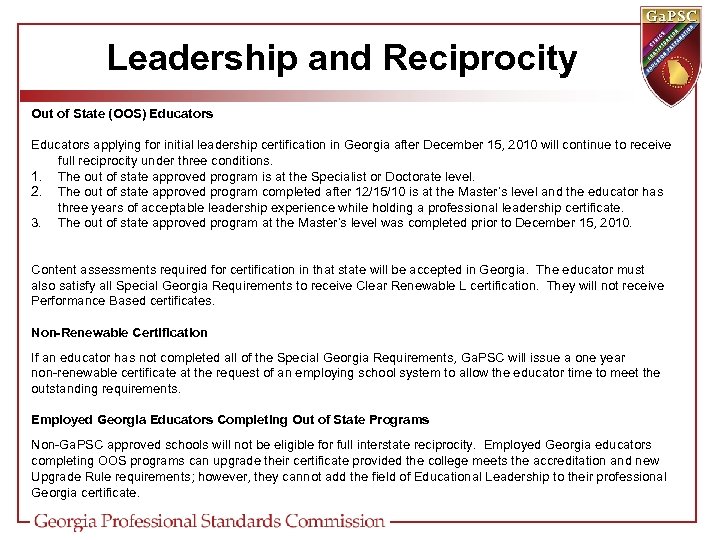 Leadership and Reciprocity Out of State (OOS) Educators applying for initial leadership certification in
