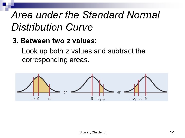 Area under the Standard Normal Distribution Curve 3. Between two z values: Look up