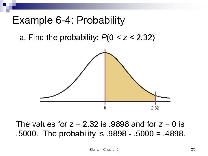 Example 6 -4: Probability a. Find the probability: P(0 < z < 2. 32)