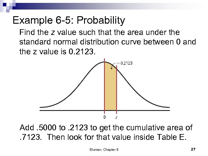 Example 6 -5: Probability Find the z value such that the area under the