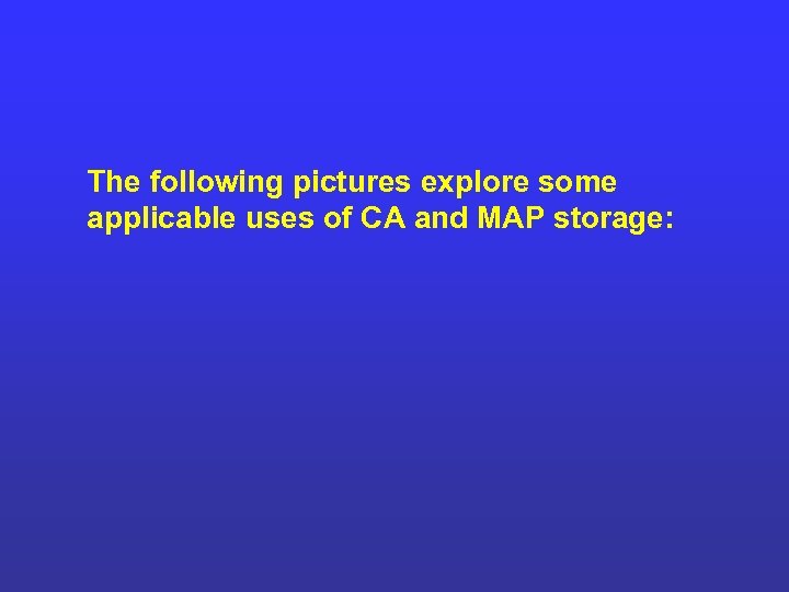 The following pictures explore some applicable uses of CA and MAP storage: 