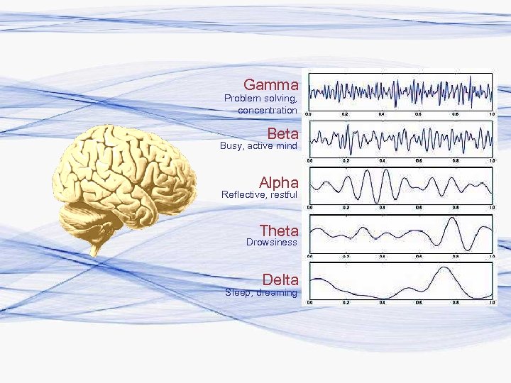 Gamma Problem solving, concentration Beta Busy, active mind Alpha Reflective, restful Theta Drowsiness Delta