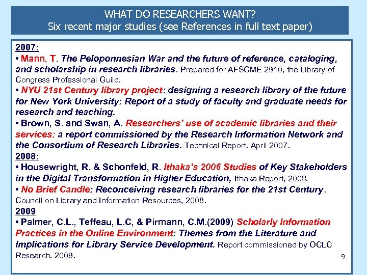 WHAT DO RESEARCHERS WANT? Six recent major studies (see References in full text paper)