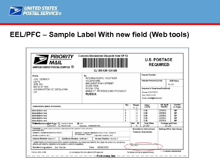 ® EEL/PFC – Sample Label With new field (Web tools) 