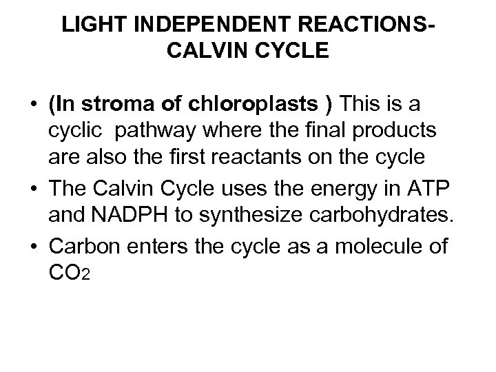 LIGHT INDEPENDENT REACTIONSCALVIN CYCLE • (In stroma of chloroplasts ) This is a cyclic